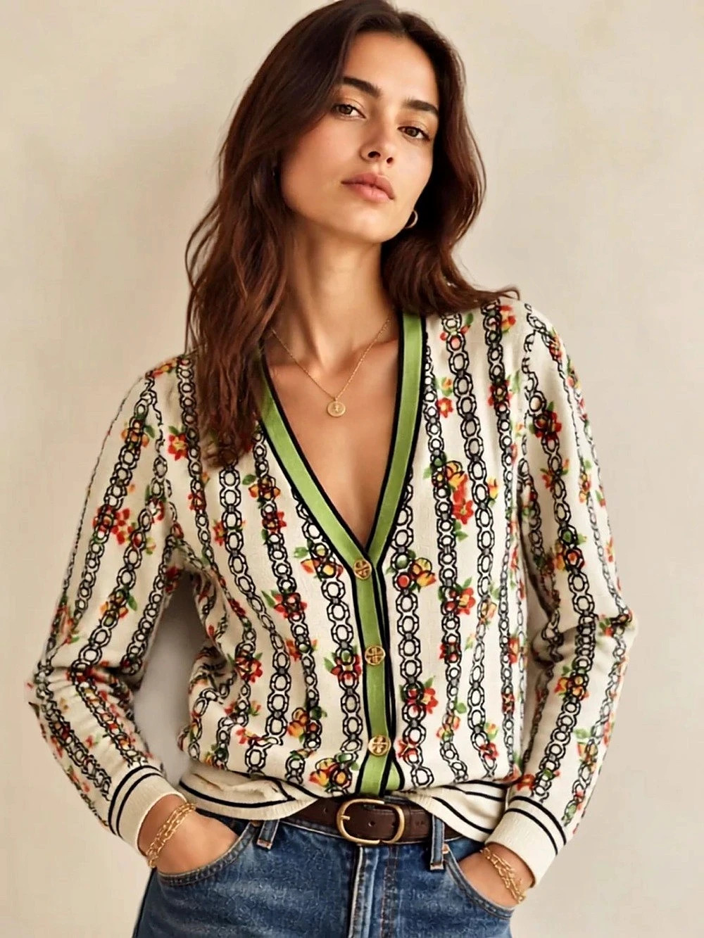 Tory Burch Cotton Viscose  Cardigan Floral Cream & Green